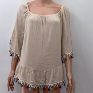 Unique Spectrum 1X Tan Gauze Tassel Trim Boho Peasant Festival Top